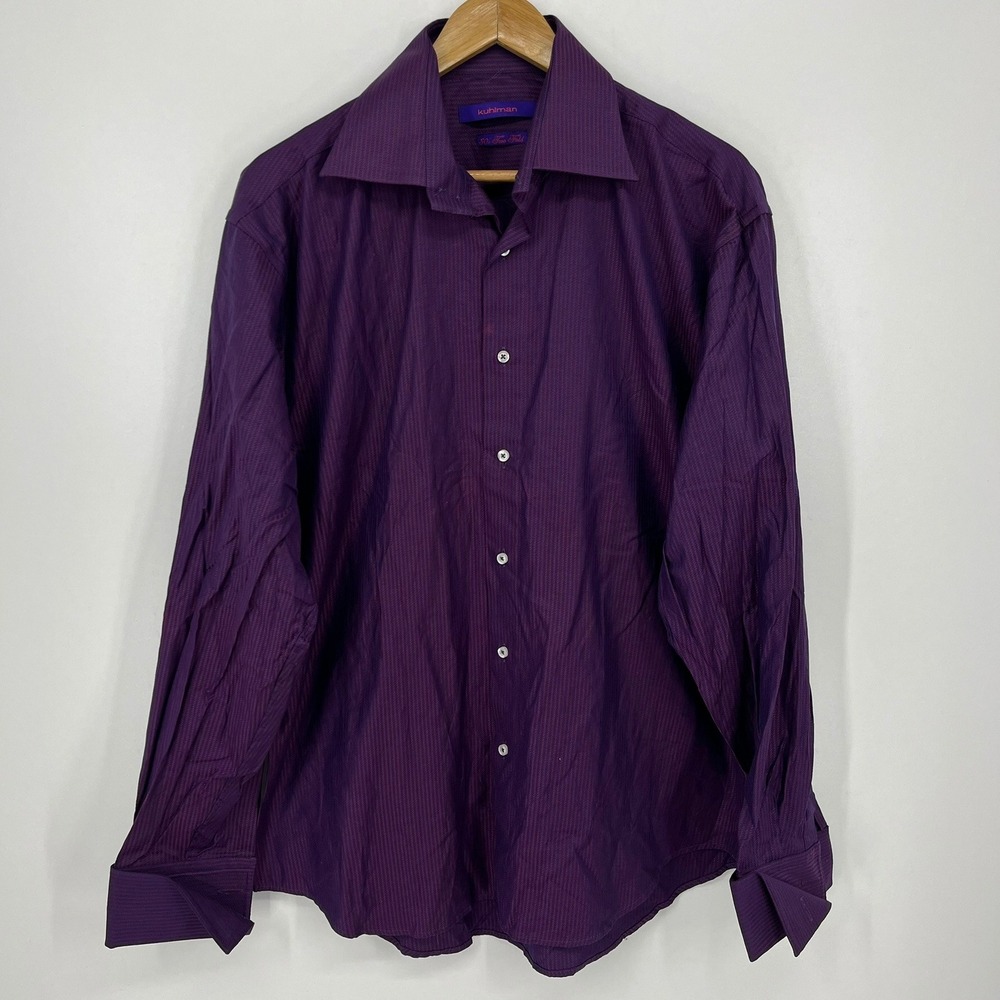 Kuhlman Mens Purple Chevron 80s Two Fold Cotton Button Down Shirt Size 42